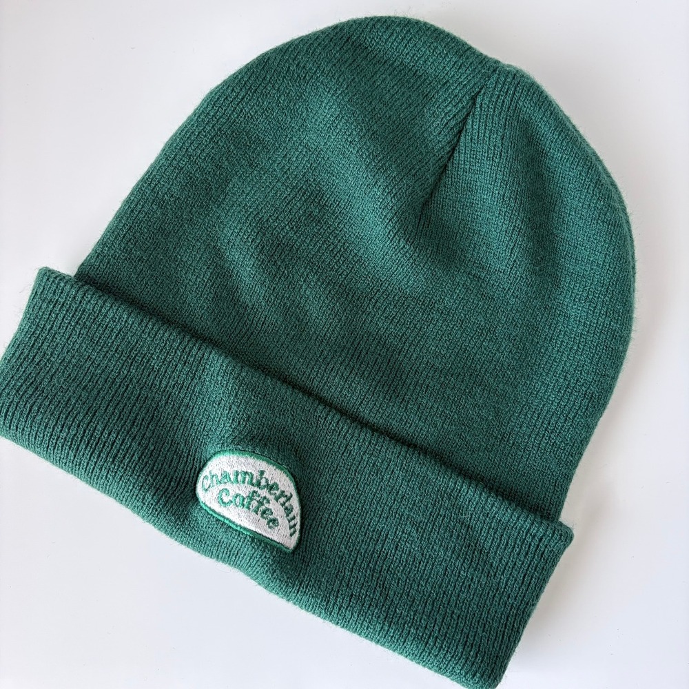 Chamberlain Coffee‎ Forest Green Knit Beanie Embroidered Logo Patch Hat One Size